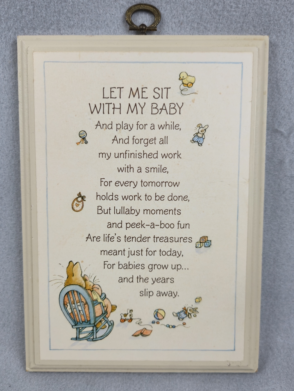 Vintage Wooden Nursery Wall Plaque - "Let Me Sit With My Baby" Poem & Bunnies